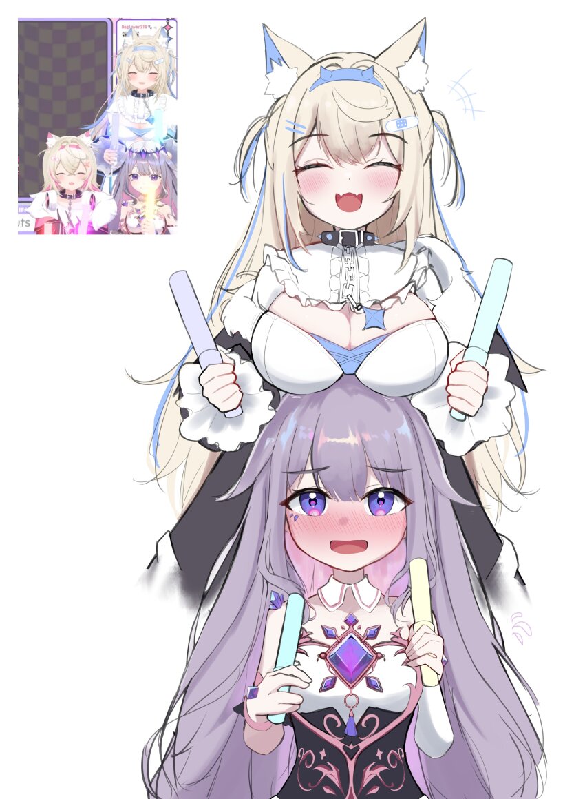 3girls, absurdres, animal_ears, blonde_hair, blush, breast_rest, breasts, breasts_on_head