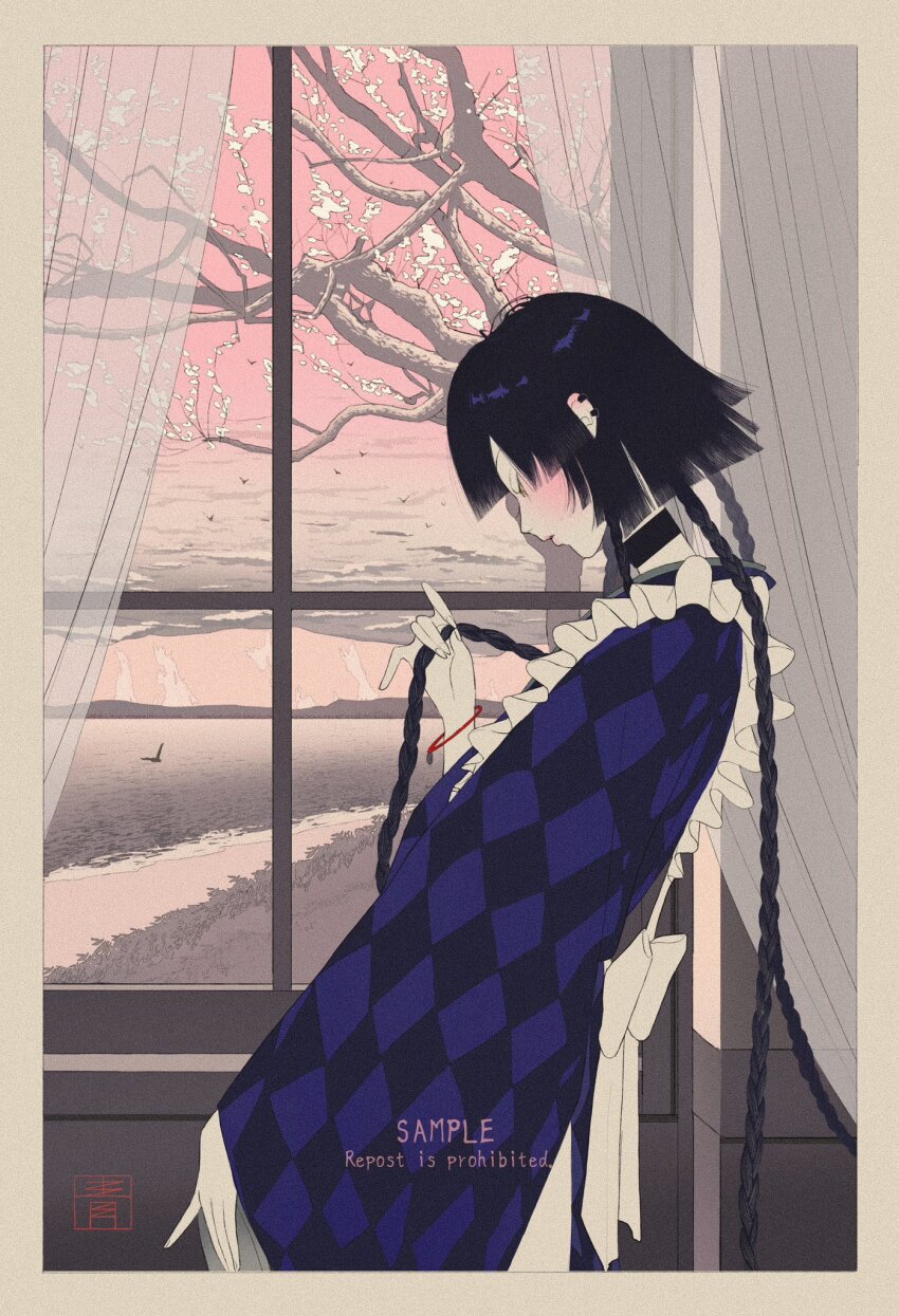 1girl, apron, artist_logo, back_bow, black_choker, black_hair, blue_kimono, border, bow, bracelet, braid, checkered_clothes, checkered_kimono, cherry_blossoms, choker, closed_eyes, curtains, frilled_apron, frills, from_side, gaooooohh, highres, indoors, japanese_clothes, jewelry, kimono, logo, long_braid, maid, original, solo, standing, window