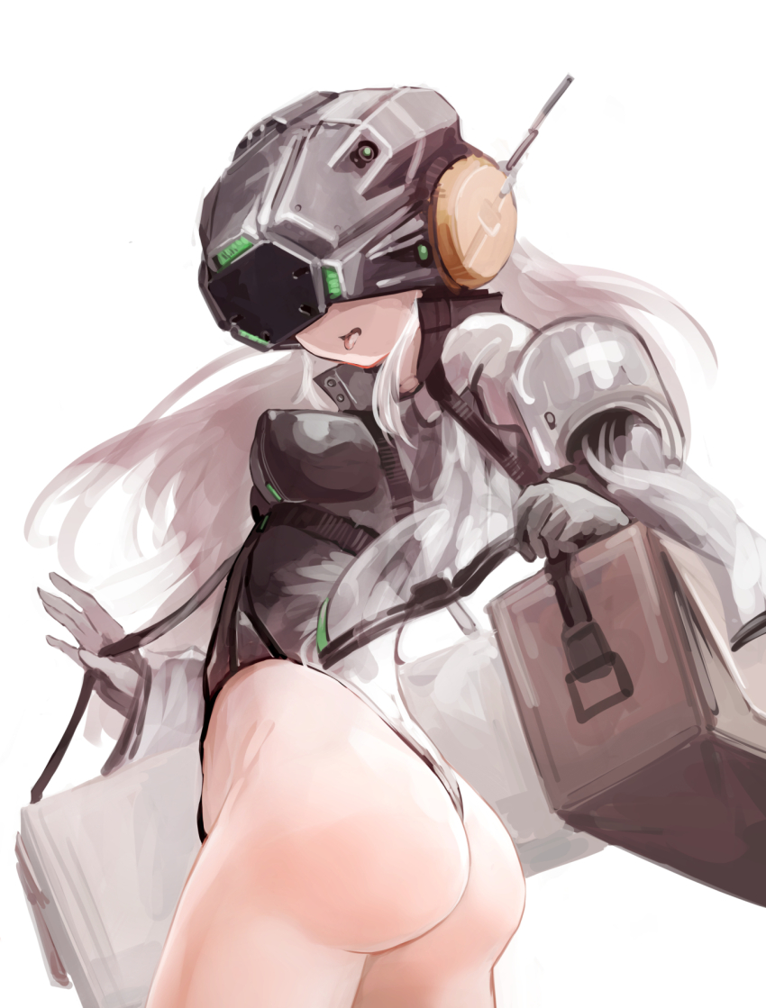 1girl, android, armband, ass, bag, black_collar, black_helmet, black_leotard, breasts, collar, collared_leotard, commentary_request, cowboy_shot, cross, first_aid_kit, gloves, goddess_of_victory:_nikke, green_trim, grey_armband, grey_bag, grey_gloves, grey_hair, grey_theme, helmet, highres, holding_strap, idoll_ocean_(nikke), leotard, long_hair, looking_back, ohyatupuru, open_mouth, science_fiction, shoulder_bag, small_breasts, solo, thighs, tongue, tongue_out
