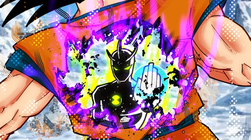 2boys, alien, alien_x_(ben_10), arm_up, ben_10, ben_tennyson, black_hair, black_skin, blue_shirt, colored_sclera, colored_skin, commentary, crossover, death, dougi, dragon_ball, dragon_ball_super, english_commentary, glitch, green_sclera, hakai_(dragon_ball), highres, hole_in_chest, hole_on_body, male_focus, mountain, multiple_boys, muscular, muscular_male, no_pupils, orange_dougi, outdoors, palms, purple_aura, shirt, short_sleeves, son_goku, spiked_hair, starry_skin, tylearn