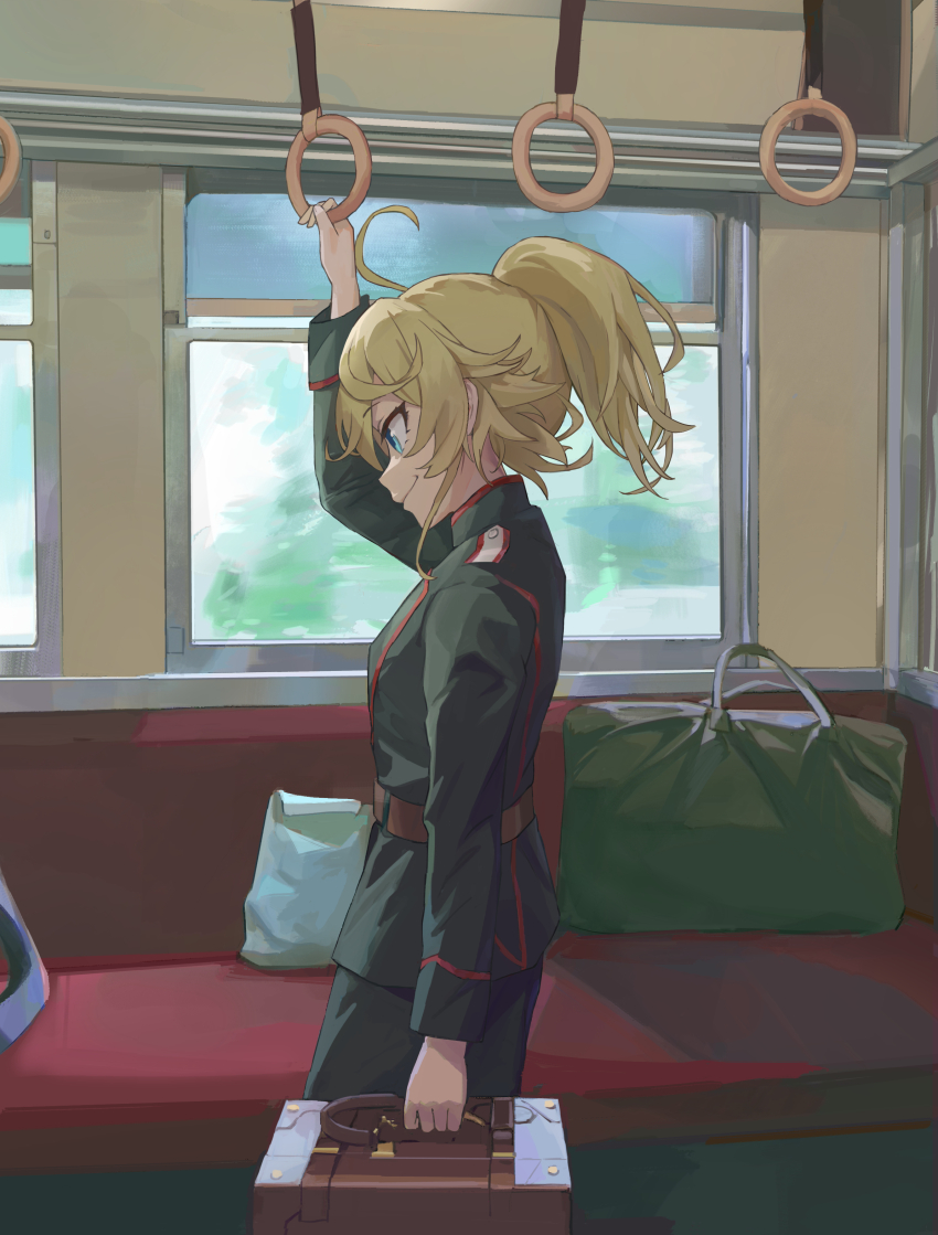1girl, absurdres, belt, blonde_hair, blue_eyes, breasts, brown_belt, high_ponytail, highres, holding_luggage, jacket, kuza_brs, long_sleeves, looking_down, military, military_jacket, military_uniform, ponytail, small_breasts, smile, soldier, solo, tanya_degurechaff, train_interior, window, youjo_senki