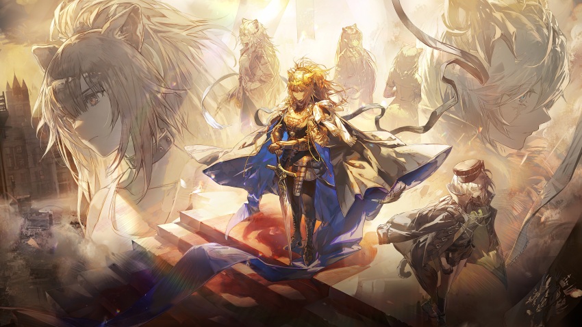 6+girls, absurdres, allerdale_(arknights), animal_ears, arknights, armor, armored_dress, black_footwear