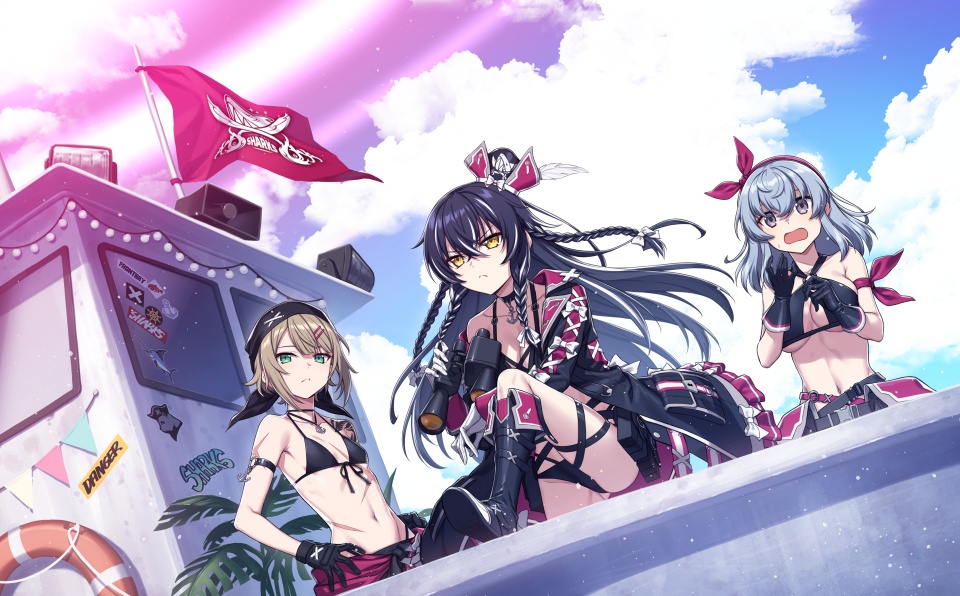 >:(, 3girls, anchor_choker, anchor_pendant, arm_ribbon, bandana, bikini, binoculars
