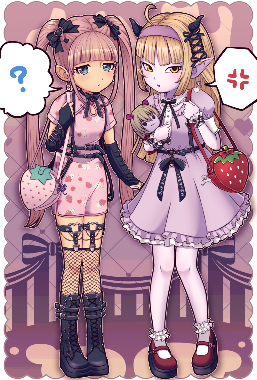 2girls, ?, ahoge, alternate_costume, anger_vein, aqua_eyes, azbar_(dragon_quest), bag_charm