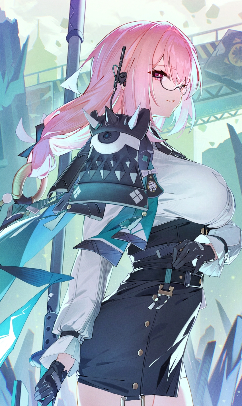 1girl, absurdres, armor, bibisuka, black_gloves, black_skirt, breasts, commentary