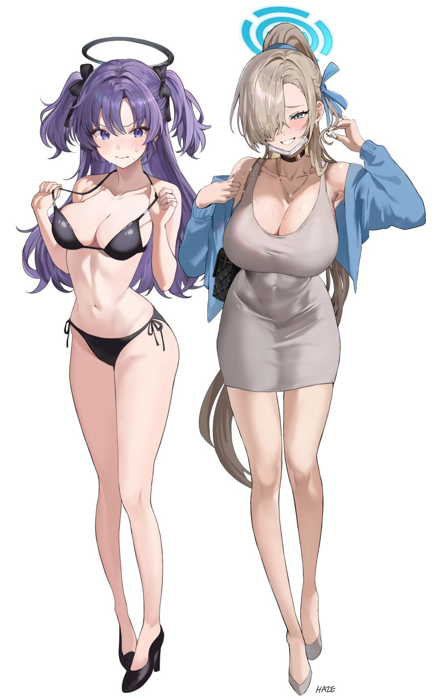 2girls, absurdres, alternate_costume, armpits, asuna_(blue_archive), bare_shoulders, bikini, bikini_top_pull