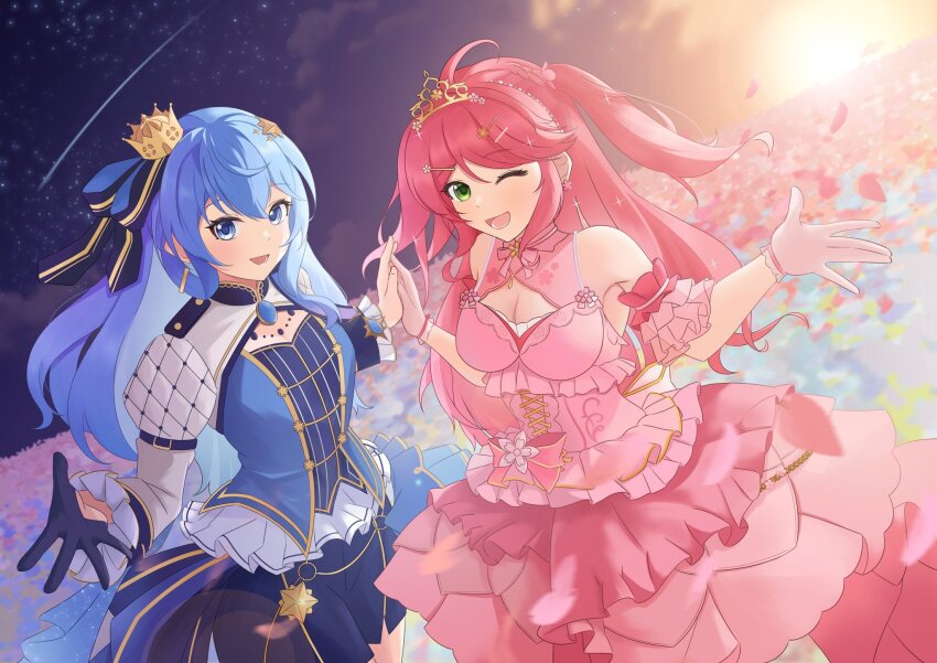 2girls, ahoge, arm_garter, blue_bow, blue_eyes, blue_gloves, blue_hair, blue_overskirt