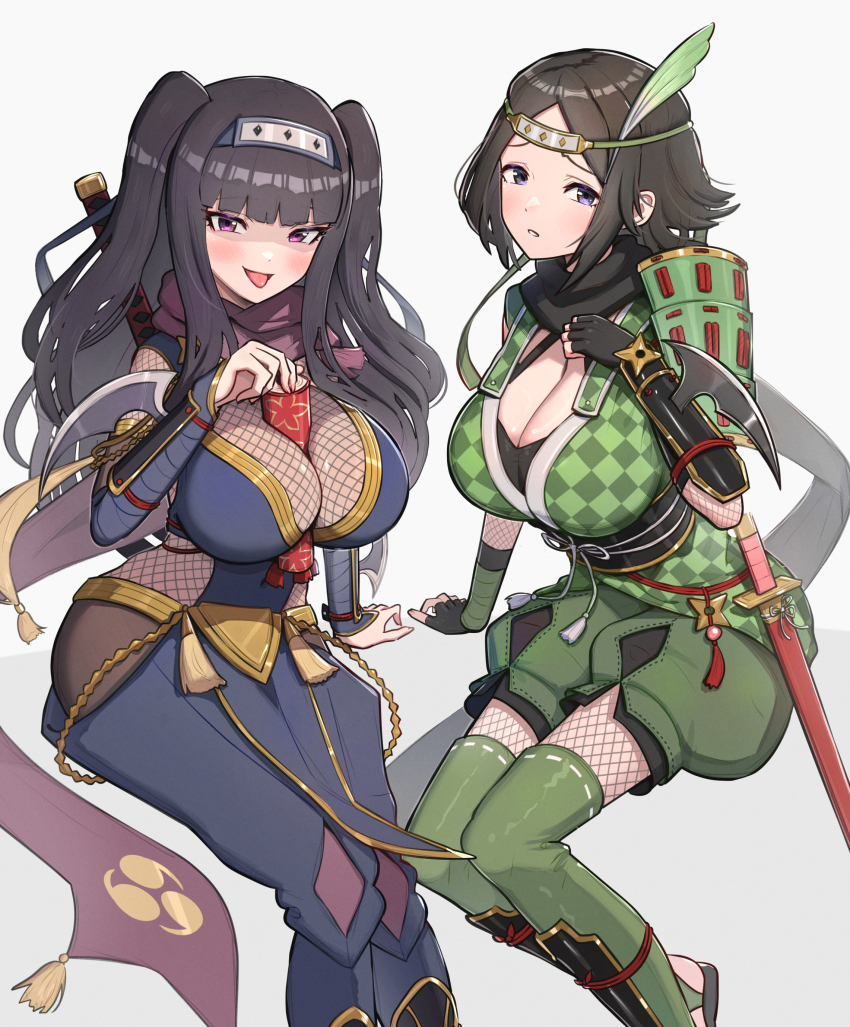 2girls, absurdres, arm_blade, between_breasts, black_gloves, bodystocking, breasts, brown_hair, checkered_print, cleavage, feather_hair_ornament, feathers, fingerless_gloves, fire_emblem, fire_emblem_awakening, fire_emblem_heroes, fishnet_bodystocking, fishnets, gloves, gonzarez, hair_ornament, hand_on_own_chest, headband, highres, large_breasts, long_hair, looking_at_viewer, mother_and_child, mother_and_daughter, multiple_girls, naughty_face, ninja, nintendo, noire_(fire_emblem), noire_(ninja)_(fire_emblem), official_alternate_costume, open_mouth, paintbrush, parent_and_child, purple_eyes, scarf, scroll, short_hair, simple_background, smile, tharja_(fire_emblem), tharja_(ninja)_(fire_emblem), tongue, tongue_out, two_side_up, vambraces, weapon