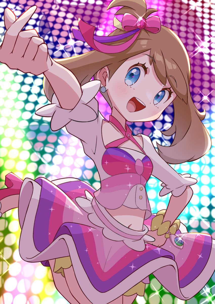 1girl, blue_eyes, breasts, brown_hair, collarbone, cowboy_shot, highres, may_(contest)_(pokemon)