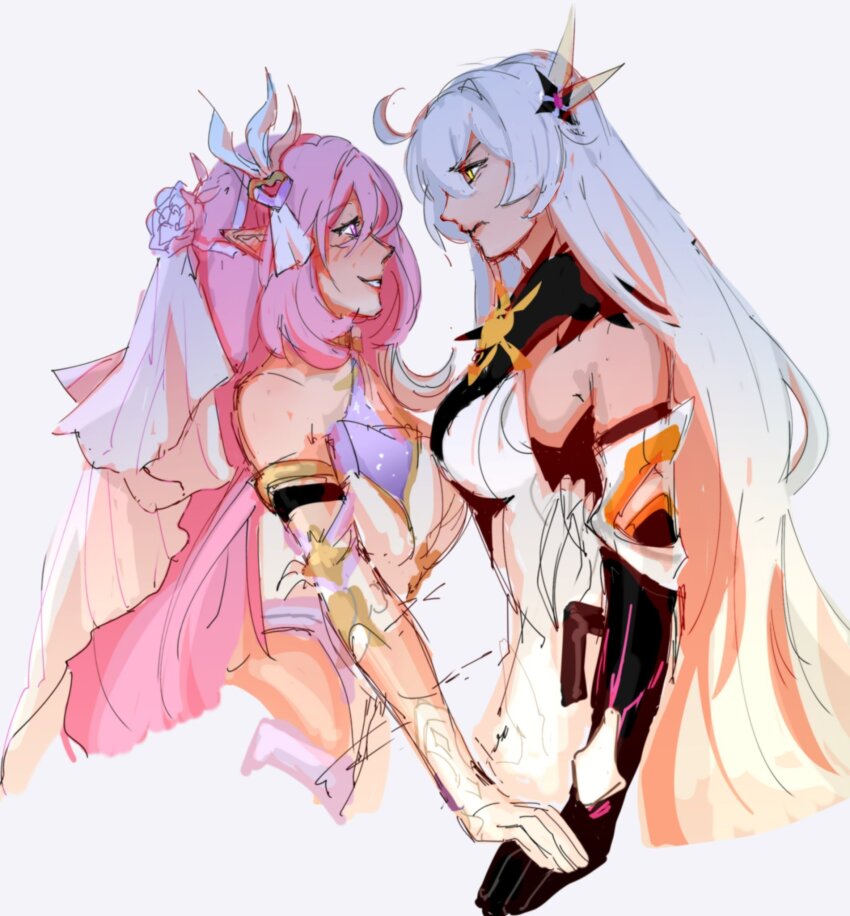 2girls, bare_shoulders, black_gloves, cellysticks, commentary, cropped_torso, dress, elbow_gloves