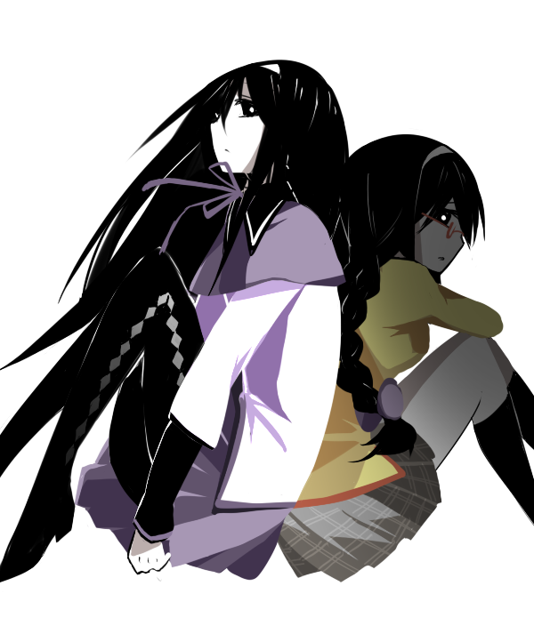 10s, 2girls, akemi_homura, akemi_homura_(magical_girl), argyle_clothes, argyle_legwear, back-to-back, black_hair