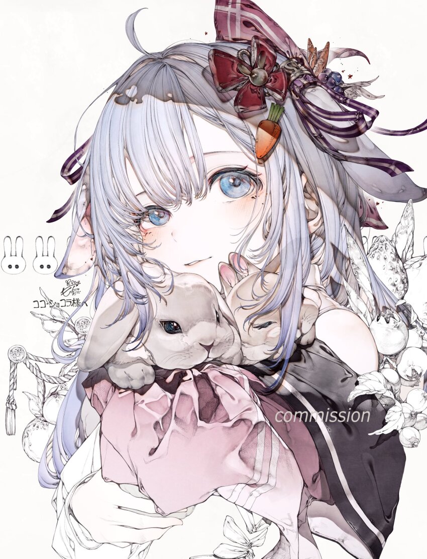 1girl, ahoge, animal_ears, bare_shoulders, blue_eyes, blue_hair, blush, carrot, carrot_hair_ornament, coco_chocolat, commission, commissioner_name, food-themed_hair_ornament, hair_ornament, hair_ribbon, highres, hito_komoru, holding, indie_virtual_youtuber, parted_lips, rabbit, rabbit_ears, ribbon, short_hair, simple_background, skeb_commission, solo, upper_body, virtual_youtuber, white_background