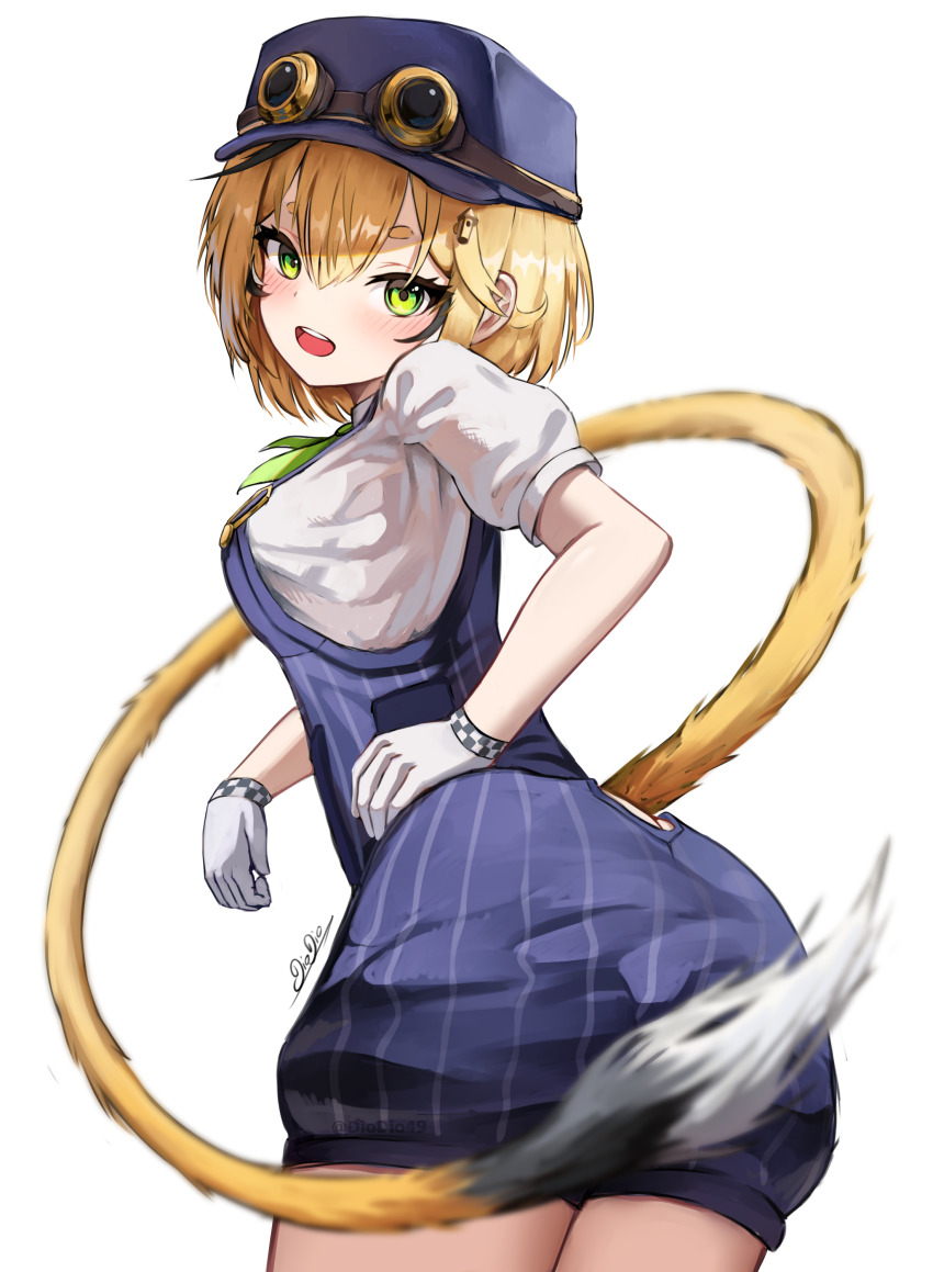 1girl, absurdres, ass, ass_peek, black_hair, blonde_hair, blue_overalls, blush