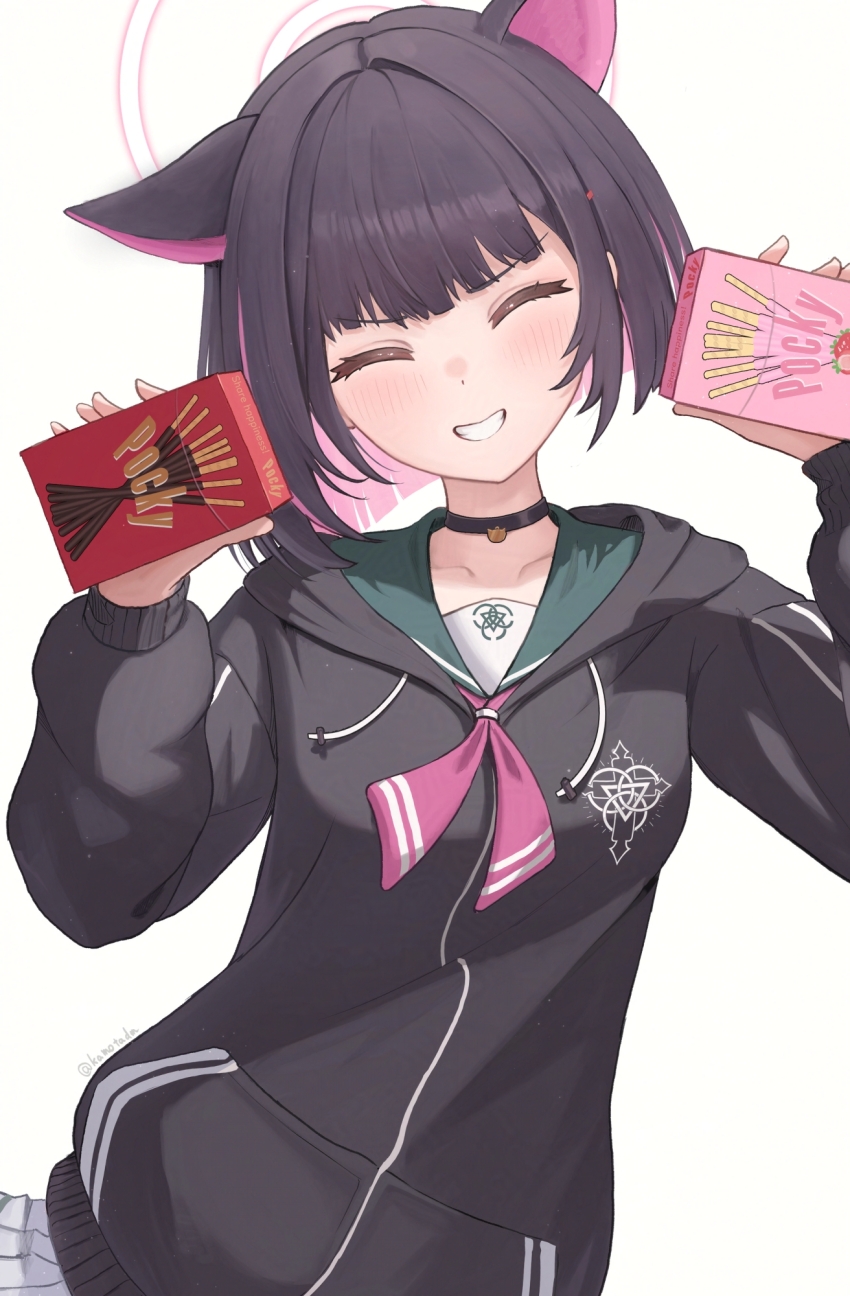 1girl, ^_^, animal_ears, black_choker, black_hair, black_jacket, blue_archive, blush