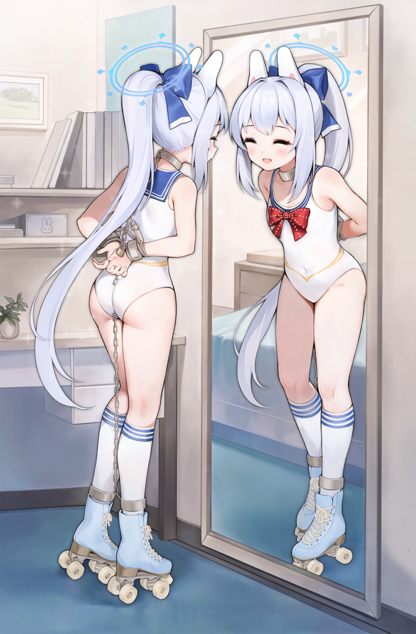 1girl, ^_^, absurdres, animal_ears, arms_behind_back, blue_archive, blue_bow, blue_footwear, blue_sailor_collar, blush, bound, bound_ankles, bound_wrists, bow, chain, chained, closed_eyes, collar, commentary_request, covered_navel, cross-laced_footwear, cuffs, fake_animal_ears, full-length_mirror, full_body, hair_bow, highres, indoors, kneehighs, leotard, long_hair, metal_collar, mirror, miyako_(blue_archive), parted_lips, ponytail, rabbit_ears, red_bow, roller_skates, sailor_collar, second-party_source, shackles, situmeyer_mi, skates, socks, solo, variant_set, very_long_hair, white_hair, white_leotard, white_socks