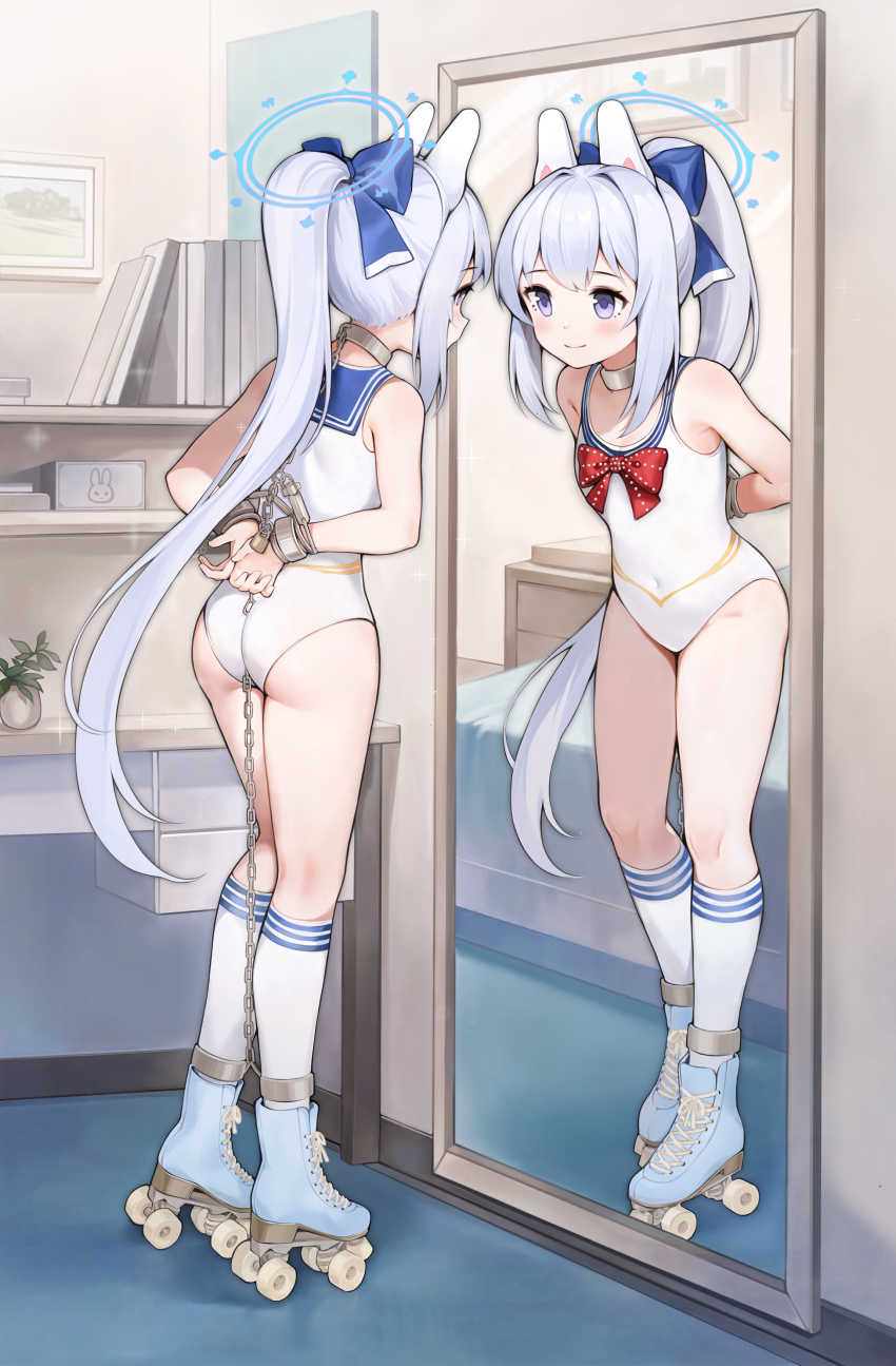 1girl, absurdres, animal_ears, arms_behind_back, blue_archive, blue_bow, blue_eyes, blue_footwear, blue_sailor_collar, blush, bound, bound_ankles, bound_wrists, bow, chain, chained, closed_mouth, collar, commentary_request, covered_navel, cross-laced_footwear, cuffs, fake_animal_ears, full-length_mirror, full_body, hair_bow, highres, indoors, kneehighs, leotard, long_hair, looking_at_mirror, metal_collar, mirror, miyako_(blue_archive), ponytail, rabbit_ears, red_bow, roller_skates, sailor_collar, second-party_source, shackles, situmeyer_mi, skates, socks, solo, variant_set, very_long_hair, white_hair, white_leotard, white_socks