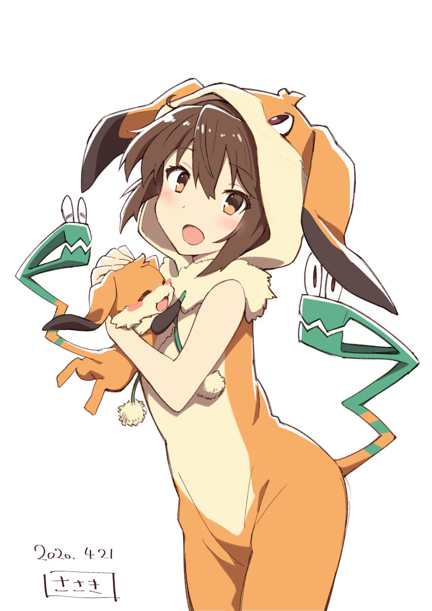 1girl, :d, absurdres, animal_costume, animal_ears, blush, brown_eyes, brown_hair, contrapposto, cowboy_shot, dated, etou_kanami, fake_tail, hair_between_eyes, highres, hood, hood_up, looking_at_viewer, nene_(toji_no_miko), open_mouth, sasaki_mitsuru, short_hair, simple_background, smile, solo, standing, tail, toji_no_miko, white_background