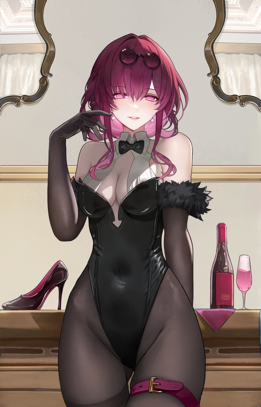 1girl, absurdres, alcohol, bare_shoulders, black_bow, black_bowtie, black_leotard, bow, bowtie, breasts, cleavage, covered_navel, cowboy_shot, cup, drinking_glass, eyewear_on_head, hair_between_eyes, hair_intakes, high_heels, highres, honkai:_star_rail, honkai_(series), kafka_(honkai:_star_rail), large_breasts, leotard, long_hair, looking_at_viewer, mirror, nervi_fd, parted_lips, purple_eyes, purple_hair, round_eyewear, smile, solo, strapless, strapless_leotard, thigh_strap, wine, wine_glass