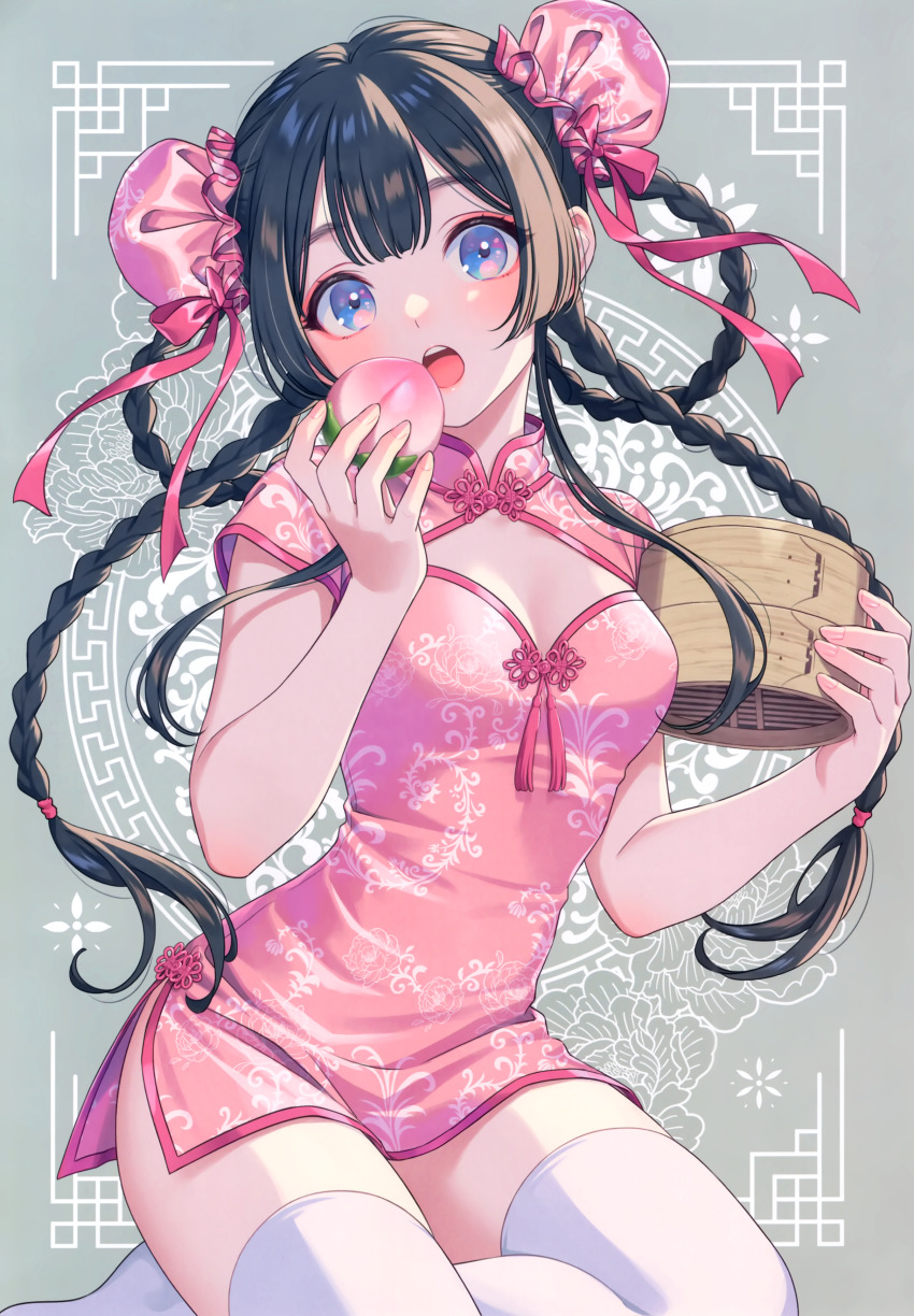 1girl, :o, absurdres, bamboo_steamer, steamed_bun, black_hair, blue_eyes, braid, braided_hair_rings, breasts, bun_cover, button_knot, china_dress, chinese_clothes, chinese_knot, chinese_knot_border, cleavage_cutout, clothing_cutout, double_bun, dress, food, fruit, good_luck_knot, grey_background, hair_bun, hair_rings, head_tilt, highres, holding, holding_bamboo_steamer, holding_food, long_hair, longevity_peach_bun, looking_at_viewer, mandarin_collar, morikura_en, multiple_braids, no_shoes, non-web_source, open_mouth, original, outside_border, pankou, peach, pink_dress, short_sleeves, small_breasts, solo, teeth, thighhighs, twin_braids, upper_teeth_only, very_long_hair, white_thighhighs