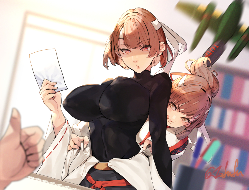 2girls, absurdres, admiral_(kancolle), aircraft, airplane, black_hakama, book, book_stack