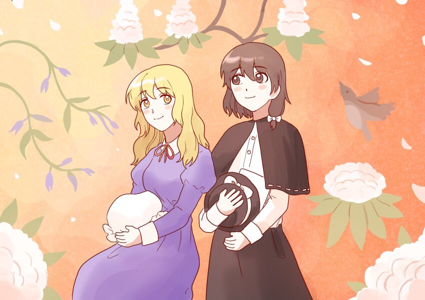 2girls, absurdres, black_capelet, black_skirt, blonde_hair, blush, breasts, brown_eyes