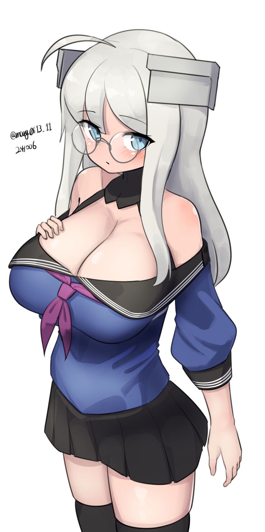 1girl, absurdres, ahoge, black_skirt, black_thighhighs, blue_eyes, blue_shirt, breasts