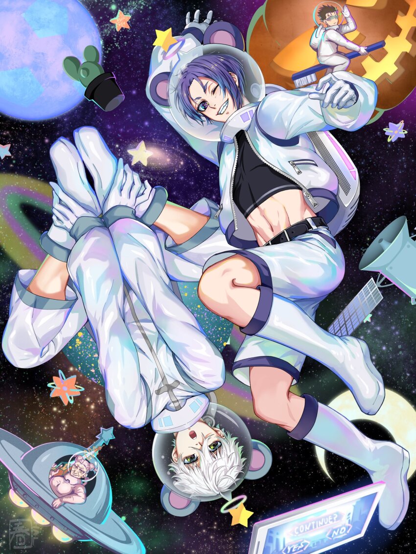 1girl, 3boys, ba-ya, black_hair, black_shirt, blue_eyes, blue_hair, blue_lock, boots, breasts, brown_eyes, cactus, choki_(blue_lock), crop_top, double_bun, gloves, grin, hair_between_eyes, hair_bun, hair_slicked_back, halu-ca, highres, jacket, medium_breasts, midriff, mikage_reo, multiple_boys, nagi_seishirou, navel, old, old_woman, one_eye_closed, open_mouth, parted_bangs, planet, satellite, shirt, shorts, signature, smile, spacecraft, spacesuit, toothbrush, tsurugi_zantetsu, white_footwear, white_gloves, white_hair, white_jacket, white_shorts