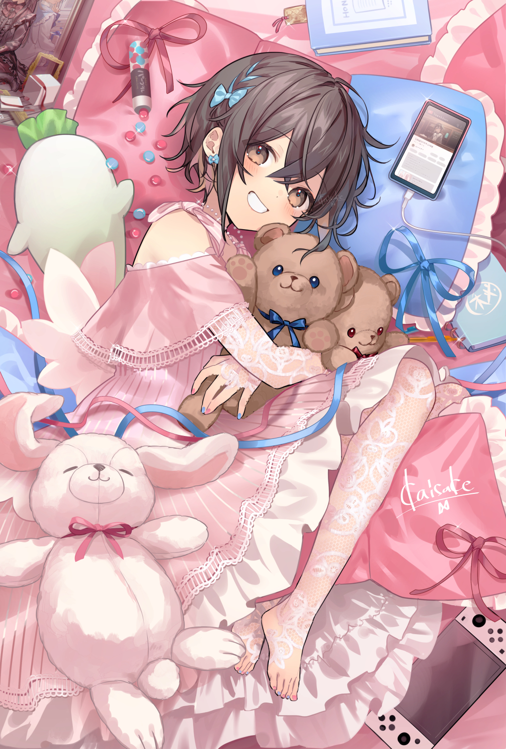 1girl, barefoot, blue_eyes, blue_hair, blue_nails, blush, book, bow, braid, brown_eyes, cellphone, clothing_cutout, commentary_request, dress, earrings, fetal_position, full_body, grin, hair_bow, highres, holding, holding_stuffed_toy, hugging_object, jewelry, kaisake_(utp), layered_dress, looking_at_viewer, lying, nintendo_switch, on_side, original, pantyhose, patterned_legwear, phone, pillow, pink_dress, pink_nails, red_eyes, see-through_clothes, see-through_pantyhose, see-through_sleeves, short_hair, shoulder_cutout, smartphone, smile, solo, stuffed_animal, stuffed_rabbit, stuffed_toy, teddy_bear, teeth, white_pantyhose