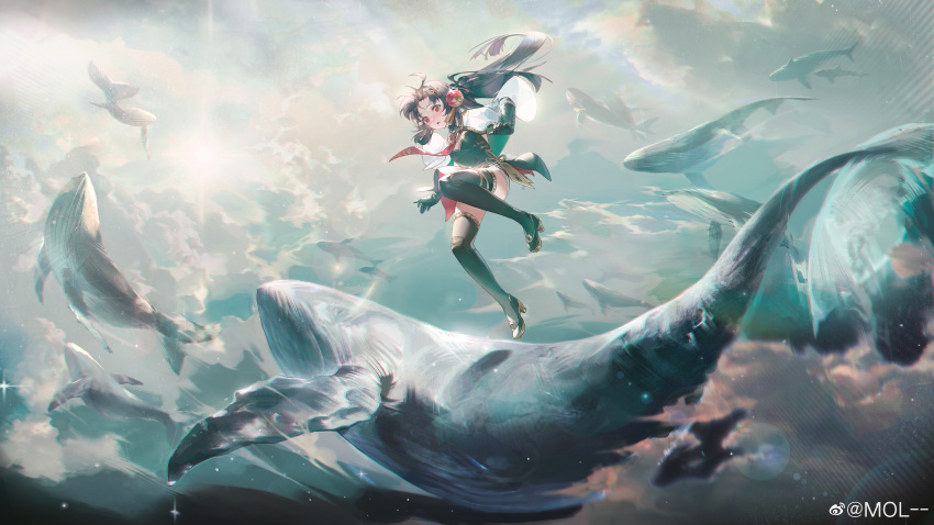 1girl, absurdres, black_dress, black_footwear, black_hair, black_thighhighs, blue_sky, blue_whale