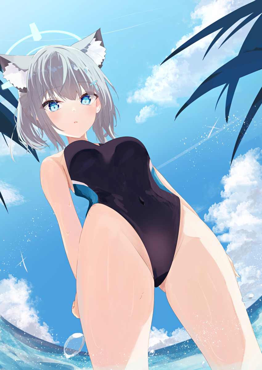 1girl, absurdres, animal_ear_fluff, animal_ears, black_one-piece_swimsuit, blue_archive, blue_eyes, blue_sky