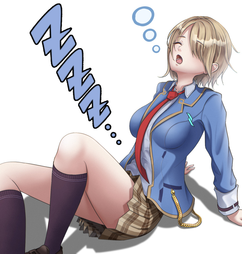 1girl, black_shoes, black_socks, blazer, blue_jacket, breasts, brown_hair, brown_skirt