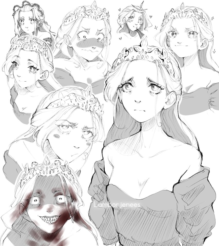 artist_name, bare_shoulders, blood, blood_in_hair, blood_on_cheek, blood_on_chest, blood_on_face, blush, breasts, cleavage, closed_mouth, collarbone, evil_grin, evil_smile, grin, highres, lamborjenees, looking_at_viewer, loving_aura, monochrome, multiple_views, open_mouth, princess_(slay_the_princess), sharp_teeth, sketch, slay_the_princess, smile, sparkle, sparkling_aura, spot_color, teeth, the_razor_(slay_the_princess), the_thorn_(slay_the_princess), thorns, tiara, white_background