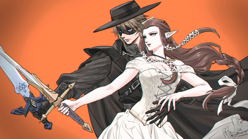 1boy, 1girl, alternate_costume, black_gloves, black_hat, black_shirt, black_vest, blonde_hair, blue_eyes, braid, breasts, brown_hair, couple, domino_mask, dress, eye_mask, gloves, green_eyes, hair_ribbon, halloween, hat, hetero, highres, holding, holding_sword, holding_weapon, kurokawa_karasu, link, long_hair, mask, master_sword, medium_breasts, nintendo, off-shoulder_dress, off_shoulder, orange_background, parted_bangs, pointy_ears, princess_zelda, ribbon, shirt, sidelocks, single_braid, sword, the_legend_of_zelda, the_legend_of_zelda:_twilight_princess, the_mask_of_zorro, upper_body, vest, weapon, white_dress, white_ribbon, zorro
