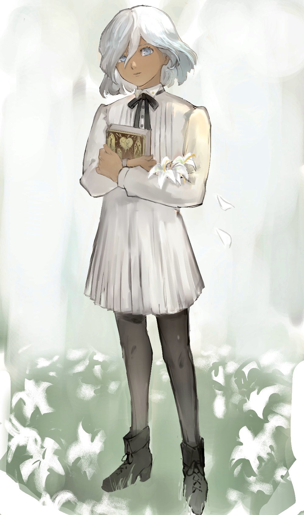 1boy, black_footwear, black_leggings, black_ribbon, blue_eyes, book, closed_mouth, collared_shirt