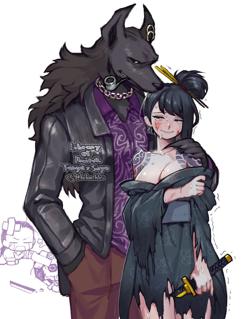 2boys, 2girls, bare_shoulders, black_jacket, black_kimono, breasts, broken, broken_sword