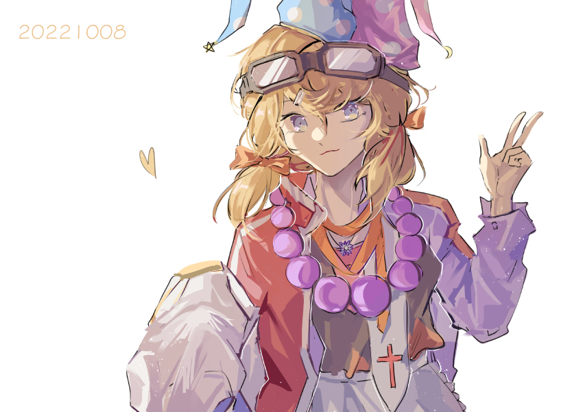 1girl, bead_necklace, beads, black_shirt, blonde_hair, blue_eyes, blue_hat, bow