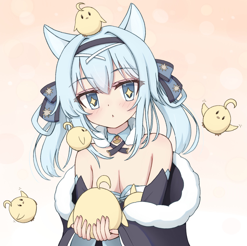 1girl, animal, animal_ear_fluff, animal_ears, azur_lane, baby_animal, bare_shoulders, bird, black_bow, blue_bow, blue_eyes, blue_hair, bow, breasts, cat_girl, chick, cleavage, dvomil, hair_bow, hands_up, highres, holding, holding_animal, light_blush, manjuu_(azur_lane), medium_breasts, medium_hair, parted_lips, simple_background, sparkling_eyes, suzunami_(azur_lane), triangle_mouth, upper_body, yellow_background