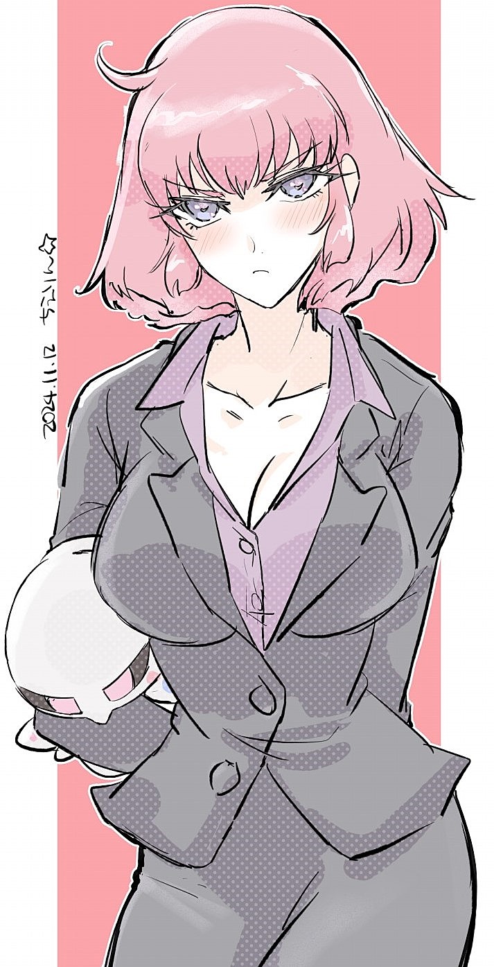 1girl, arasa_ol_haman-sama, blue_eyes, blush, breasts, formal_clothes, gundam, haman_karn
