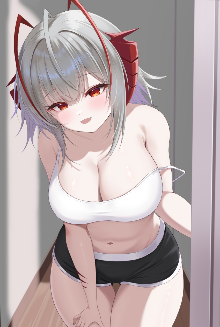 1girl, :d, absurdres, antenna_hair, arknights, black_shorts, blush, camisole