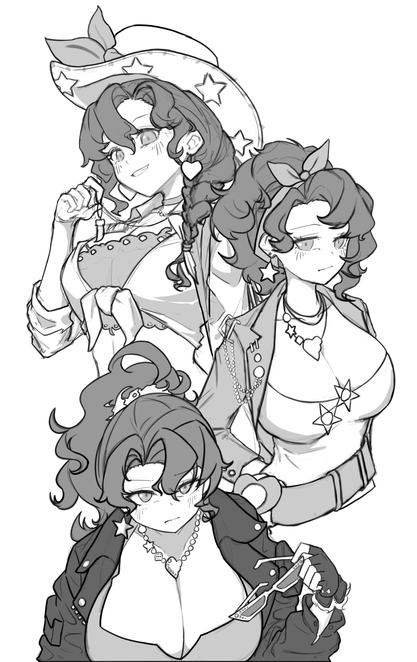 1girl, :/, absurdres, bow_hairband, breasts, cowboy_hat, desert_flannel, earrings