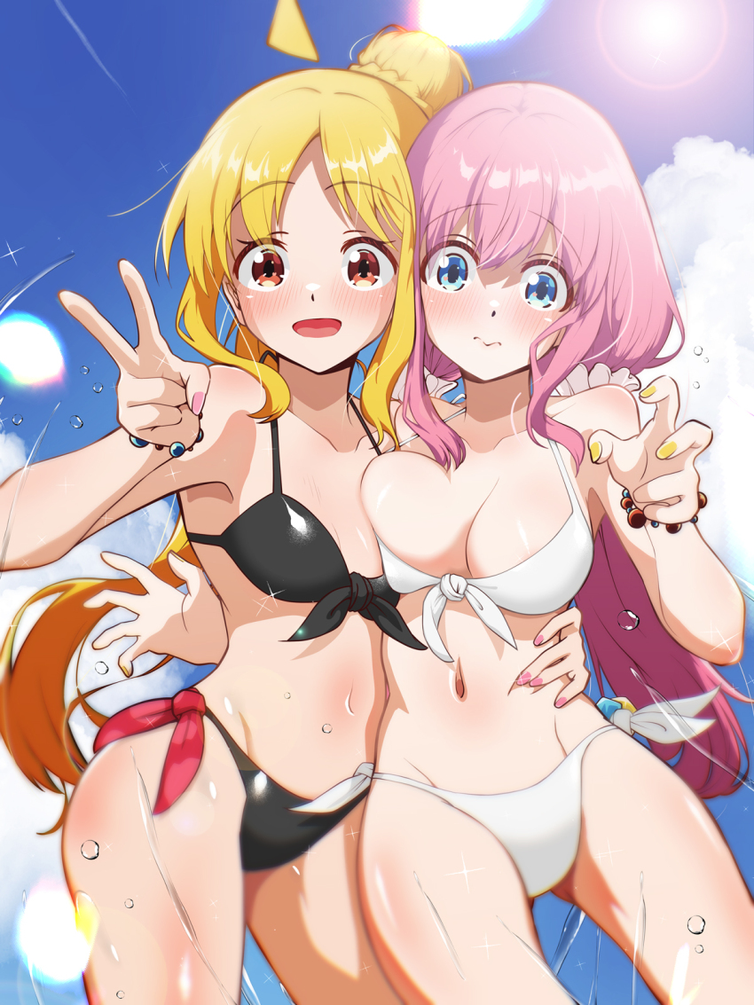 2girls, bikini, black_bikini, blonde_hair, blue_eyes, blush, bocchi_the_rock!, breasts