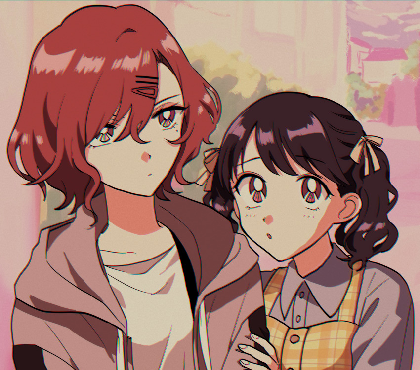 1990s_(style), 2girls, absurdres, black_hair, blurry, blurry_background, blush, bow