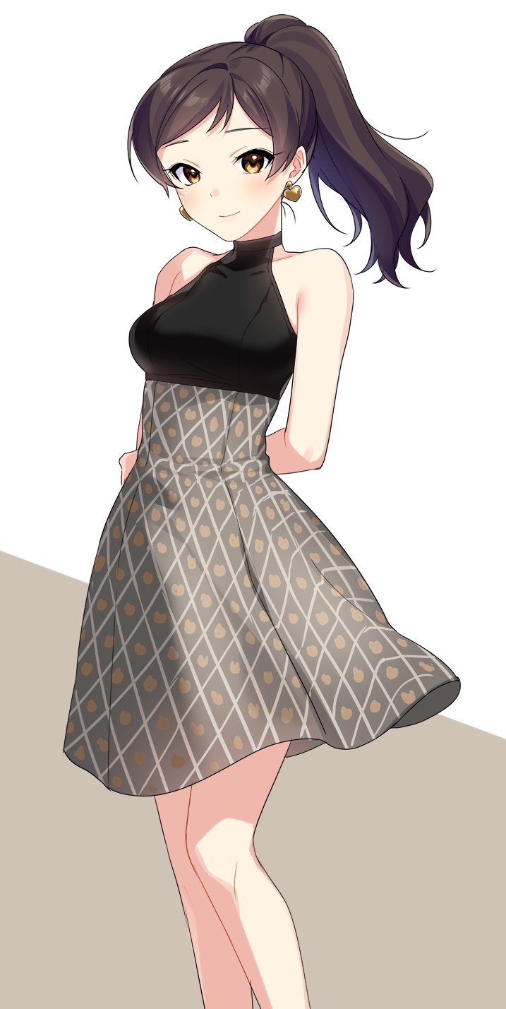 1girl, alternate_hairstyle, arms_behind_back, bare_shoulders, black_shirt, blush, breasts, brown_background