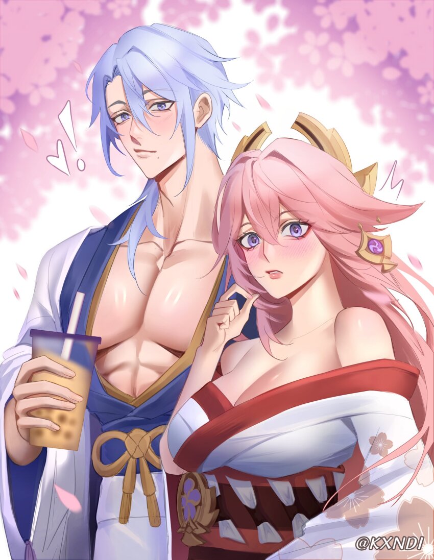 !, 1boy, 1girl, abs, alternate_costume, arm_at_side, bare_shoulders, blue_hair