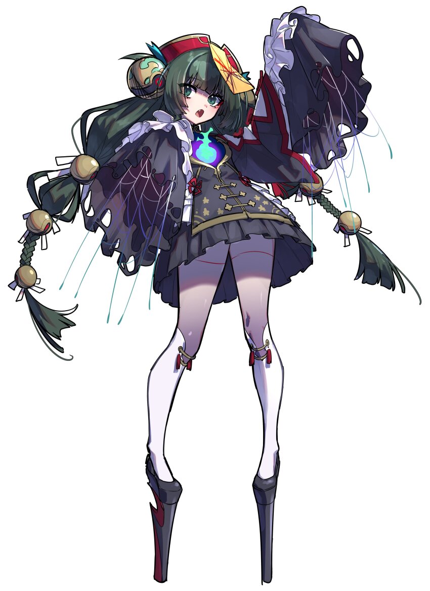 1girl, absurdres, android, black_dress, black_footwear, blunt_bangs, dress, fang, full_body, green_eyes, green_hair, hair_ornament, halloween_costume, hashtag-only_commentary, highres, long_hair, looking_at_viewer, niwatonira, official_alternate_costume, qingyi_(zenless_zone_zero), sidelocks, simple_background, sleeves_past_wrists, socks, solo, sphere_hair_ornament, standing, twintails, white_background, white_socks, zenless_zone_zero