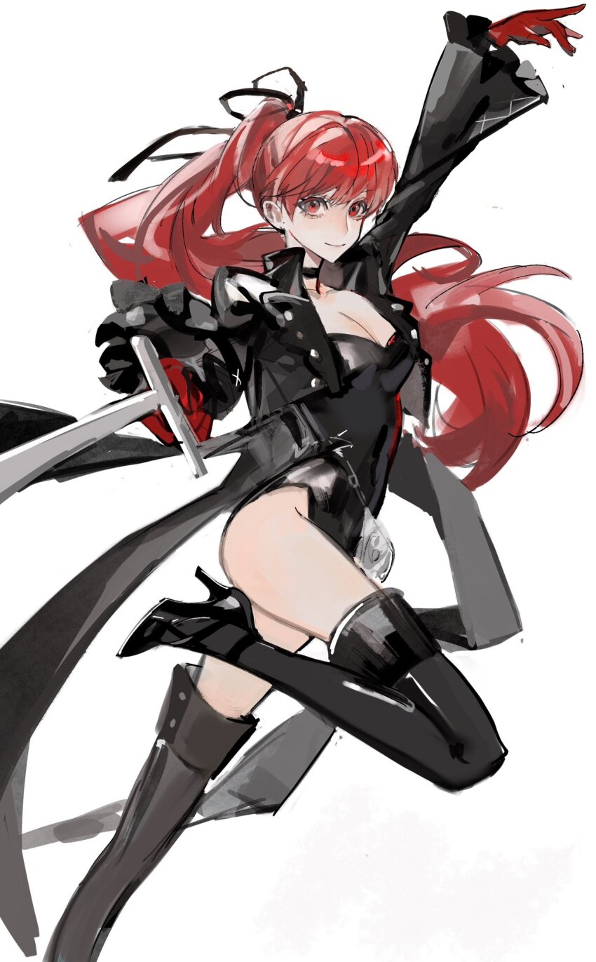 1girl, arm_up, binxngchng1, black_choker, black_jacket, black_leotard, black_ribbon, breasts