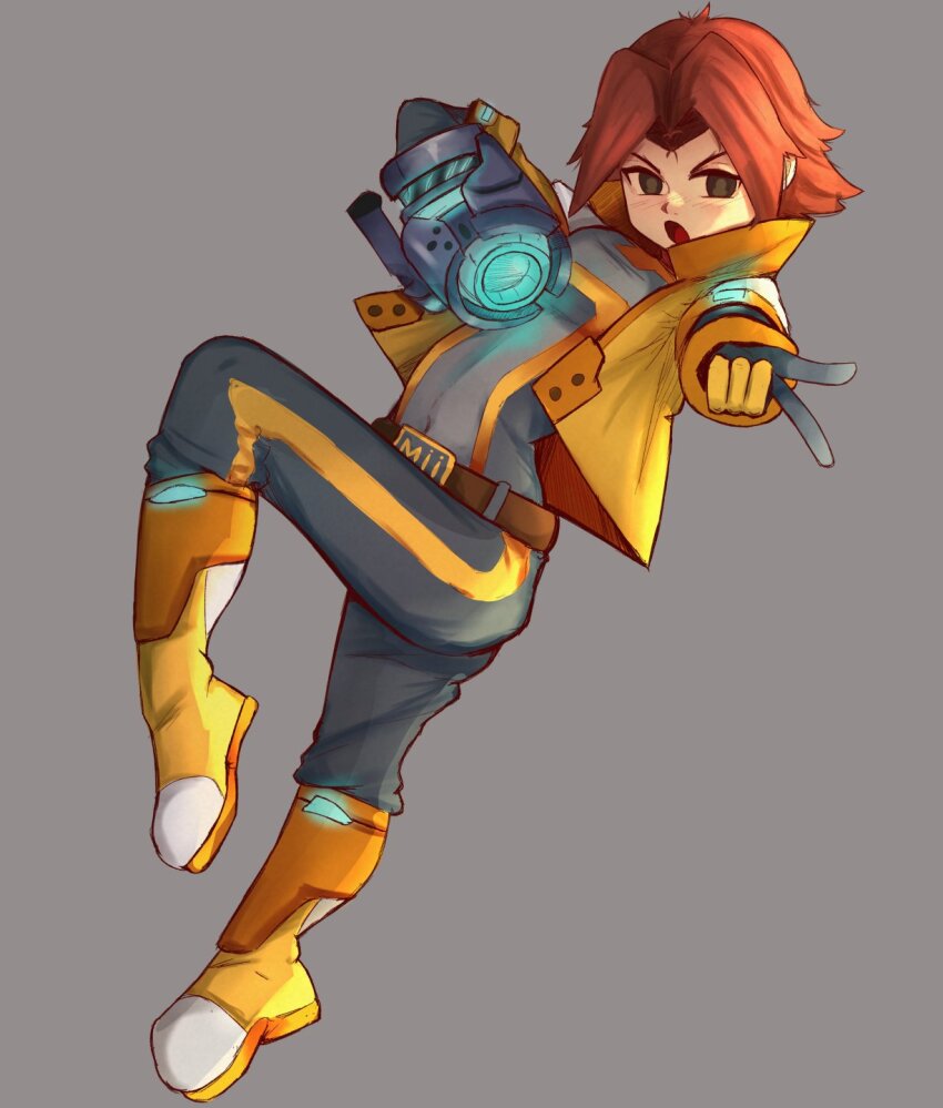 1girl, :o, arm_cannon, belt, black_eyes, blush, bodysuit, boots