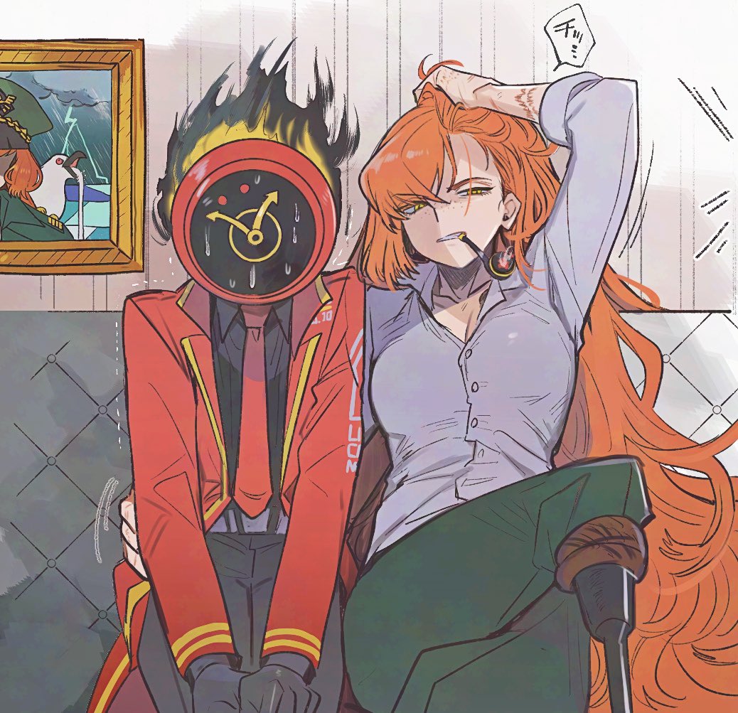 1girl, 1other, arm_up, black_gloves, black_pants, clock, collared_shirt, couch, dante_(limbus_company), fire, gloves, green_pants, grey_shirt, ishmael_(project_moon), lapels, limbus_company, long_hair, necktie, notched_lapels, object_head, orange_eyes, orange_hair, pants, peg_leg, pequod_(identity)_(project_moon), picture_frame, project_moon, red_necktie, rope_marks, shirt, sidelocks, sitting, smoking_pipe, sweat, tama_launcher, very_long_hair