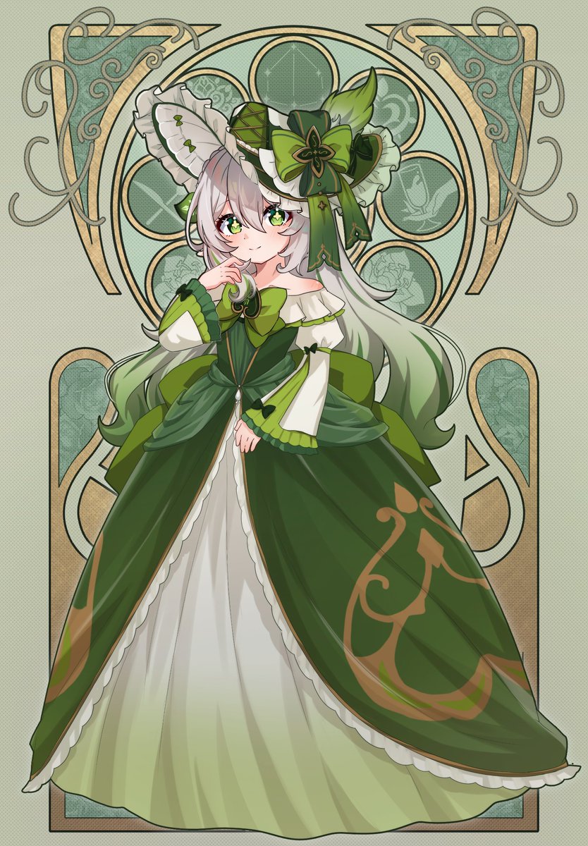 1girl, bare_shoulders, blush, bow, bowtie, commentary, dress, finger_to_face