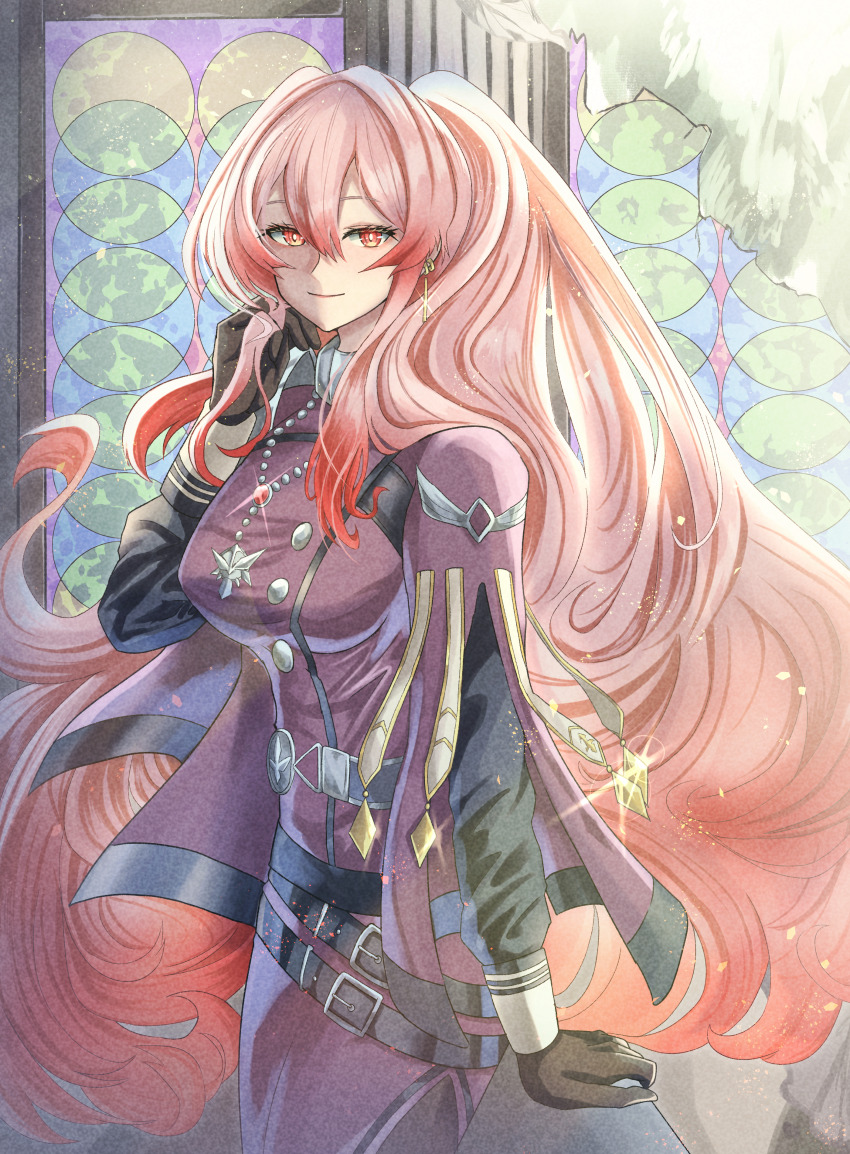 1girl, absurdres, bead_necklace, beads, belt, belt_buckle, black_belt, black_gloves, black_pantyhose, broken_glass, buckle, commentary, curly_hair, dress, duel_monster, earrings, exosister_martha, gem, glass, gloves, hair_intakes, hand_in_own_hair, highres, jewelry, kokorokorokoro417, long_hair, necklace, pantyhose, pink_eyes, purple_dress, red_gem, ruins, sidelocks, smile, solo, sparkle, stained_glass, standing, swept_bangs, very_long_hair, yellow_gem, yu-gi-oh!